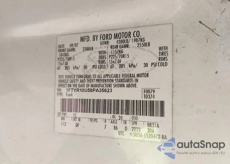 2008 Ford Ranger Sport/Xl/Xlt z USA, uszkodzony, nr VIN 1FTYR10U58PA35623